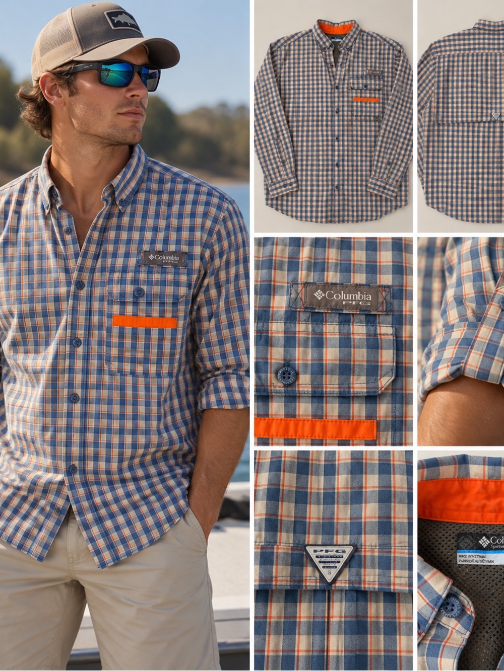Columbia PFG Men’s XL Plaid Vented Fishing Shirt Blue Orange Long Sleeve